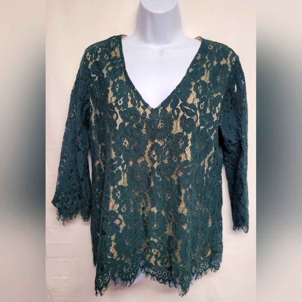 ADIVA M Lace Top V Neck Fully Lined & Sheer Sleeves Green